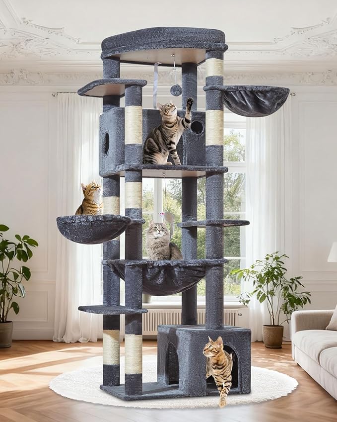 Taoqimiao 72 in Cat Tree, XXL Cat Tower for Indoor Cats Large Adult 25Lbs+ | Extra-Large Platform, 2 Cat Houses, 7 Scratching Post, Extra-Sized Durable Hammock, Cozy Basket, Smoky Gray, F20G