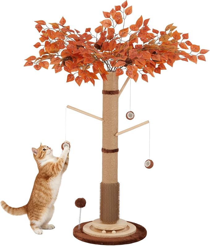 46" Extra Tall Cat Scratching Post with Toy for Large and Adult Indoor Cats | Sisal Cat Scratcher Tree with 3D Leaves for home decor, Hanging Plush Ball, Stable 3-Layer Wooden Base with Ball Track Toys