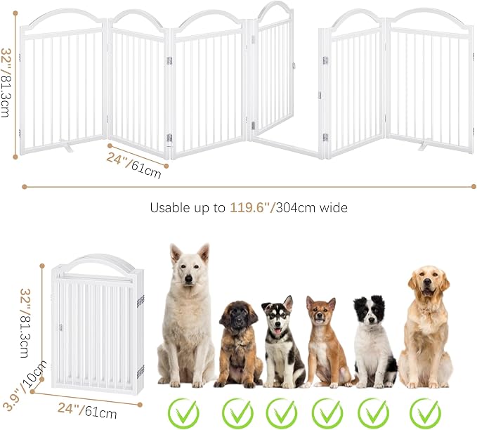 BHG Metal No-Assembly Freestanding Dog Gate with Door Walk Through, Extra Wide 144", Extra Tall 32" Pet Gate, Accordion Puppy Folding Playpen Dog Fence for Indoor & Outdoor, with 2PCS Support