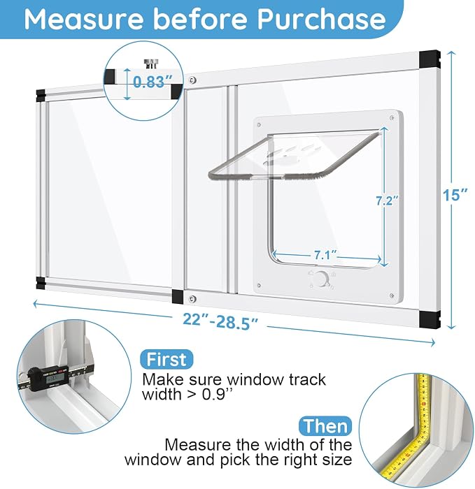 Sliding Cat Door for Window, Fits 22"-28.5" Width Window, 1-Min Install | Aluminum Frame + HD Glass | Weatherproof Design | Magnetic Closure Window Cat Door Insert, Adjustable Pet Door Window for Cats