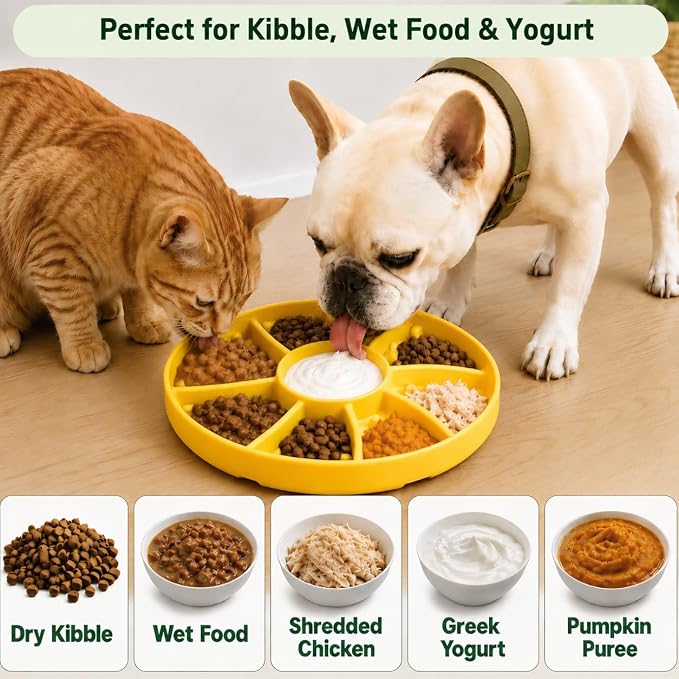 Slow Feeder Dog Bowl Silicone Suction Cup Anti Spill Dogs Cats Yellow | strong suction base prevents sliding, extends mealtime, reduces anxiety, textured surface, dishwasher safe
