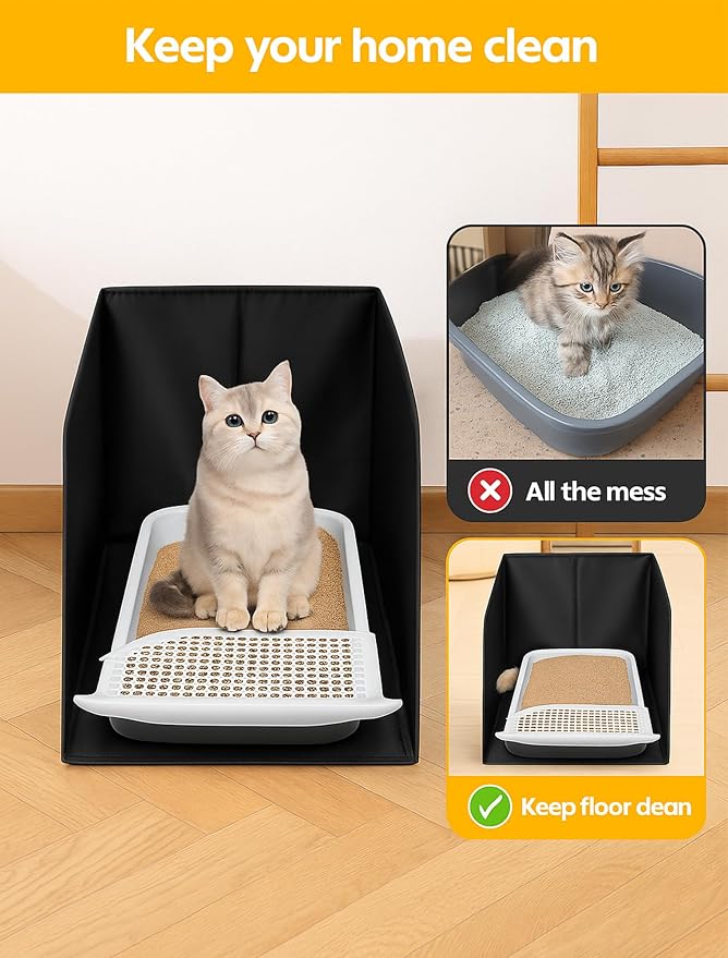Waterproof Cat Litter Box Enclosure Splash Guard with Removable Mat, Cat Box Enclosure with 2 Hooks for Scoop, Anti-Leakage, Dust Control, Easy to Clean-24.02 x 16.14 x 16.14 inches-Black