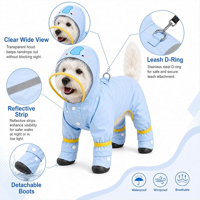 Dog Raincoat with Removable Boots, Clear Hood, Blue, M (6-9 lb) | 300D polyester with full-body coverage, reflective trim and a back D-ring for snowy, muddy and low-light walks and home use