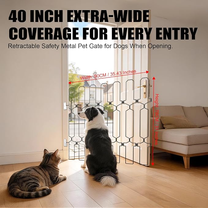Retractable Dog Gate for Front Door, 35.4" Wide 30.7‘’ Tall Safety Metal Pet Gate for Dogs When Opening, Easy Install Front Entry Dog Door Barrier