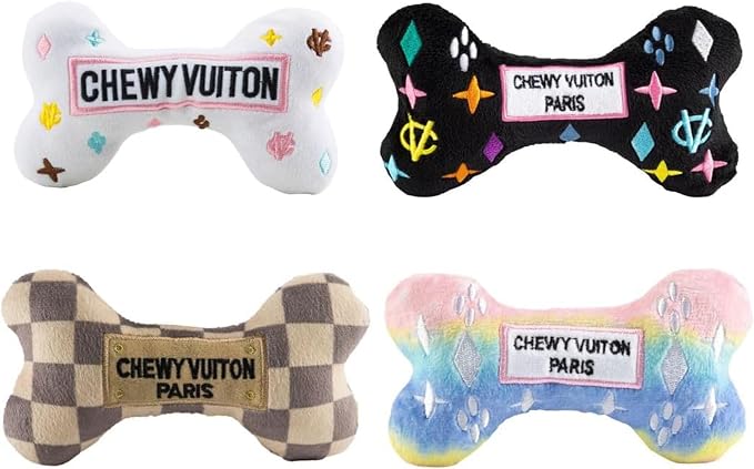 Haute Diggity Dog Chewy Vuiton Bones Plush Squeaky Dog Toys, Soft Durable Designer-Inspired Stuffed Puppy Chew Toys for Small & Medium Dogs, Machine-Washable (Assorted Colors) One Size, 4 Pcs