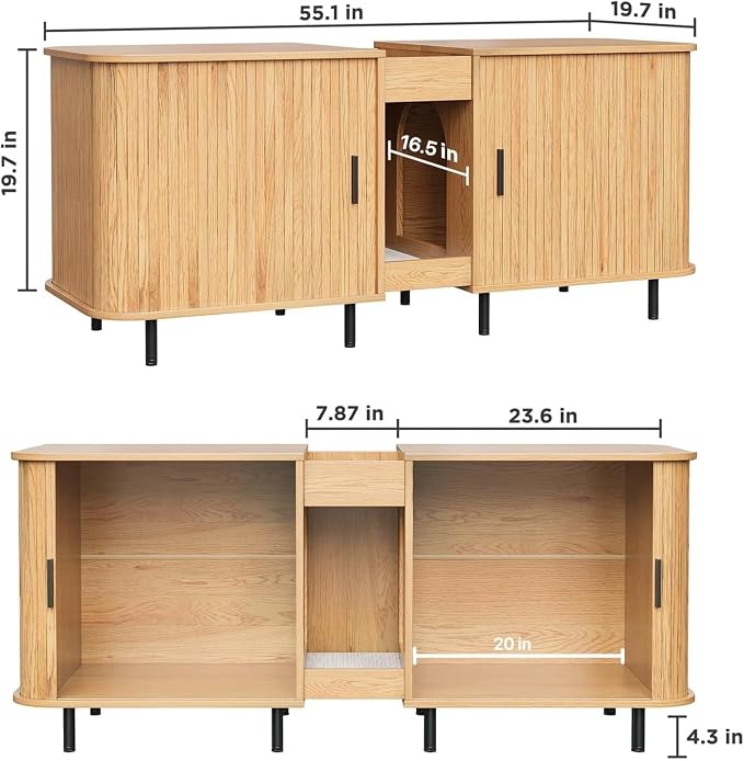Double Litter Box Enclosure for 2 Cats, 55" Litter Box Furniture Hidden with Cat Scratch Pad, Large Indoor Cat House with Double Room, Wooden Litter Box Cabinet, TV Stand, Natural