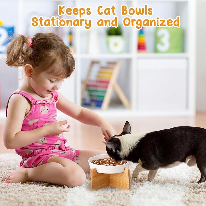 4 Set Raised Slow Feeder Cat Bowl with Stand,Flower Style,White | 5.8'' Wide, Ceramic, Elevated, Shallow Slow Eating Cat Bowl, for Dry/wet Food, Beard Friendly, Dishwasher Safe