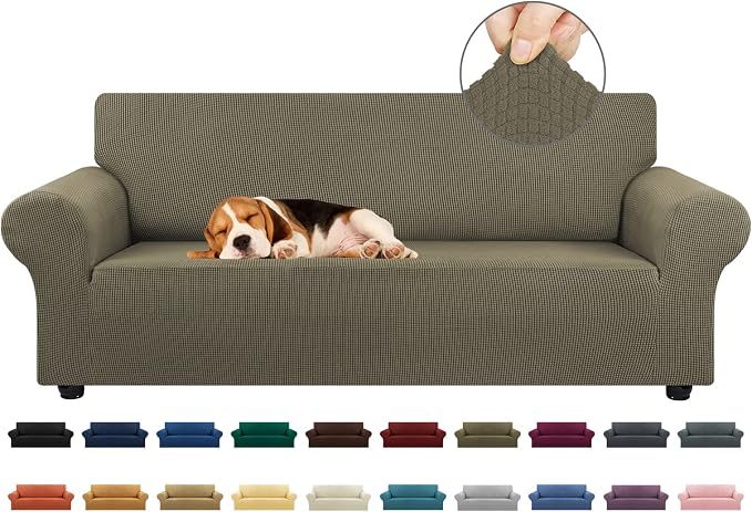 Stretch Couch Covers for Sofa, 3 Cushion Couch Slipcover,Khaki | 1-Piece Washable Sofa Cover Pet Friendly(78"-94") Furniture Protector Soft Jacquard, Elastic Bottom for Dogs & Kids