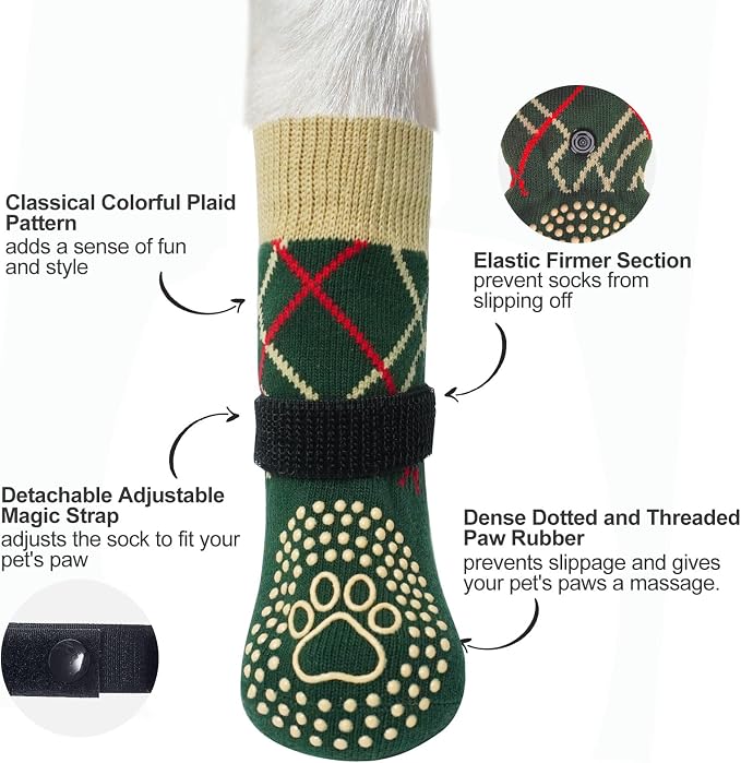 BEAUTYZOO 6PCS Dog Socks to Prevent Licking Paws, Anti Slip Dog Shoes for Hot Pavement Hardwood Floors, Traction Control Toe Grips Boots & Paw Protectors for Small Medium Large Senior Dogs, Green L