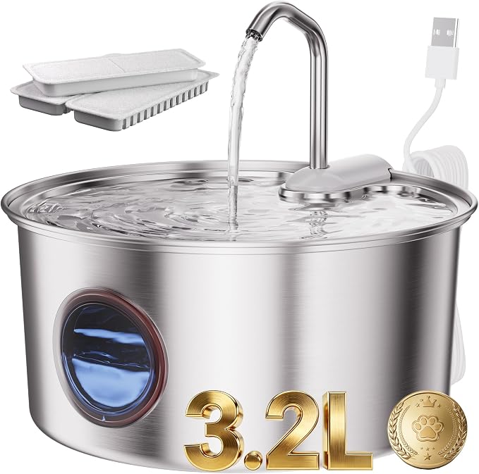 Puppyspout Stainless Steel Cat Water Fountain, Visible Window, 108 oz | Quiet operation, includes 3 filters, multi-pet drinking dispenser for indoor cats and dogs, multi-pet homes, Dishwasher Safe