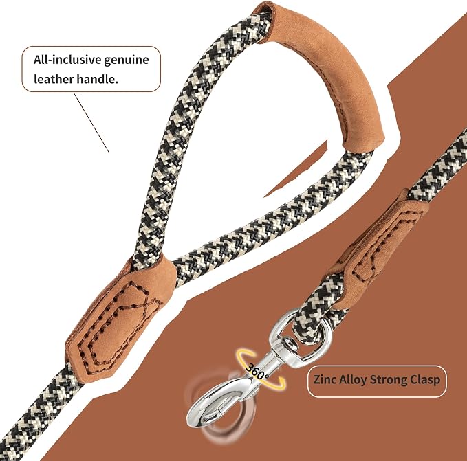 Mile High Life Dog Leash with Genuine Leather Handle, 6 FT/5 FT/4 FT | Leather Grip Rope Leash, Heavy Duty 360° Swivel Metal Clasp, for Small Medium & Large Dogs