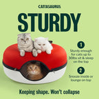 Peekaboo Cat Cave Donut for Multiple & Large Cats up to 30-45 lbs, 3-in-1 Self Warming Cat Bed, Tunnel & Scratcher for Indoor Cats, Washable & Detachable Dog Bed (Ruby Snowball, Large)