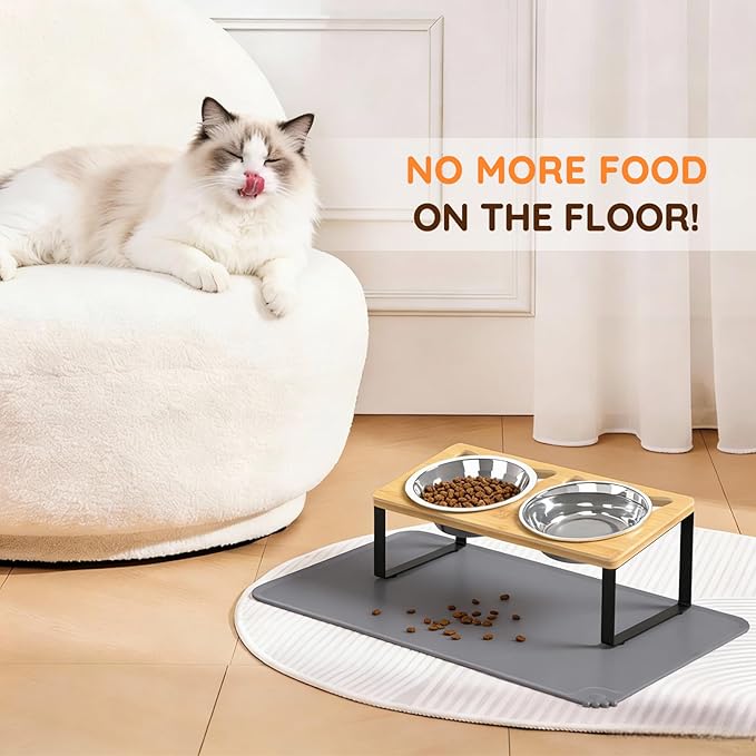 Elevated Cat Food Bowls with Mat, 2 Stainless Steel Raised Cat Food and Water Bowls, 15 Tilted Stand Anti Vomitting, Whisker Fatigue, Dishwasher Safe Cat Bowl