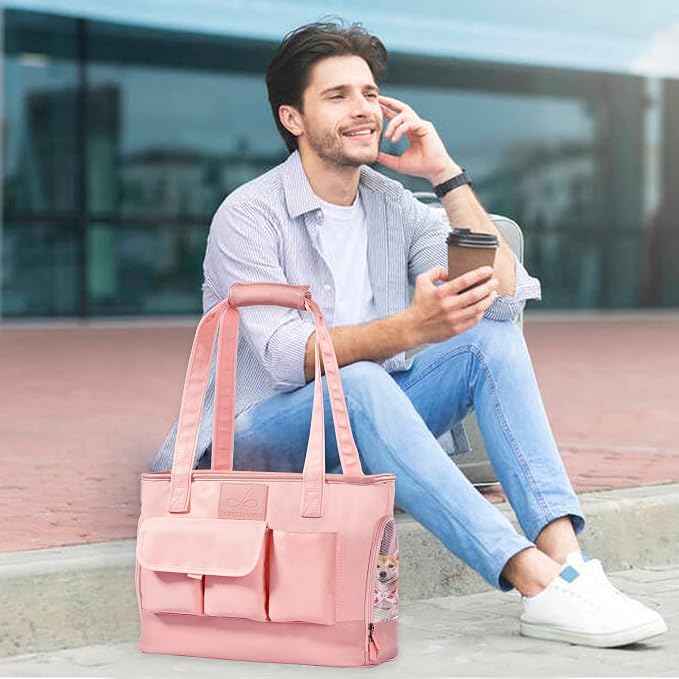 Dog Carrier, Cat Carrier, Pet Carrier, Foldable Waterproof Premium PU Leather Oxford Cloth Dog Purse, Portable Tote Bag Carrier for Small to Medium Cats and Small Dogs (Pink)