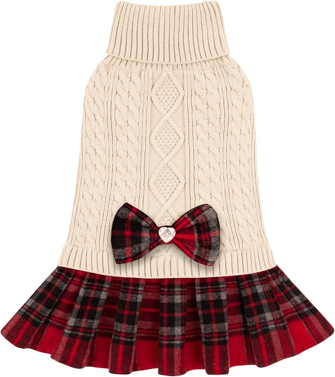 KYEESE Dog Sweater Dress Turtleneck Thick Knit Pullover for Cold Weather | Stretchy Fit, Lightweight & Warm, Cozy Knit Comfort, Cute Bow Accent, Gentle on Sensitive Skin, Comfortable Daily Wear