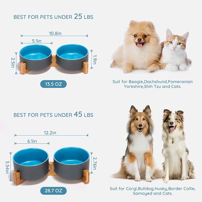 SPUNKYJUNKY Ceramic Dog and Cat Bowl Set with Wooden Stand, Modern Cute Weighted Food Water Set for Small Size Dogs (13.5OZ) & Medium Sized Dogs (28.7OZ) & Cats (3.6 Cups, 2 × Blue-Grey)