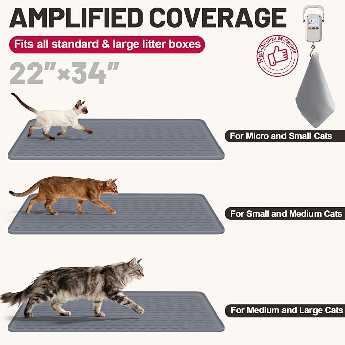 Cat Litter Mat, 34"x22" Waterproof Silicone Pad, Gray | Large Size, Urine-Proof Pad, Litter-Trapping Waves, Non-Slip, Easy Clean, Paw-Safe, for Litter Box, Floor Mat