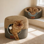 Cozy Cat Bed Cave for Indoor Cats,with Reversible Plush Cushion | 17.7"D x 13.8"H, 2-in-1 Convertible Kitten Bed, Hanging Cat Toys, Linen Fabric, Non-Slip, Small Dog Bed, Brown