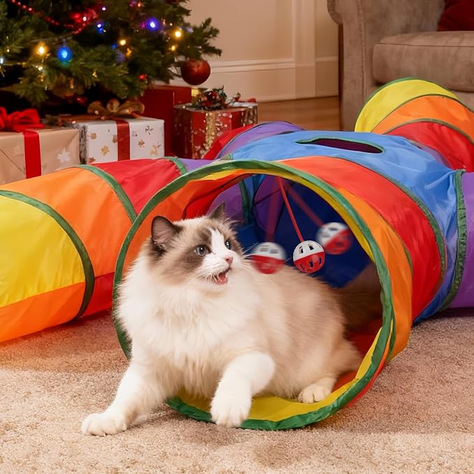 Joytale Cat Tunnel for Multiple Cats, 5-Way Indoor Tube Toy to Chase & Hide | Bell ball & Toy Mouse Included; Peekaboo Hole; Pops Open & Folds Into Zip Bag; Fits Cats to ~12 lb; Kittens & Rabbits Too