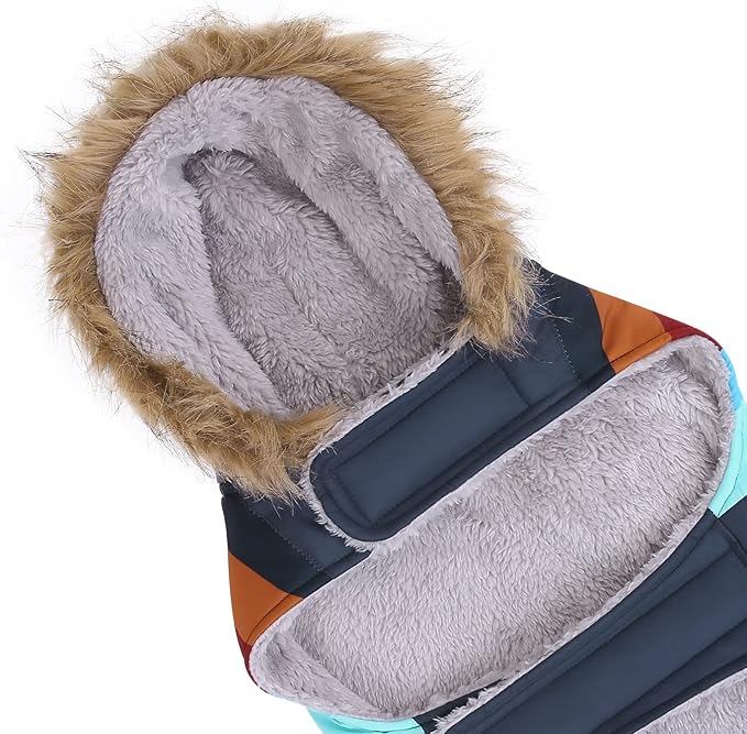 HDE Dog Puffer Jacket Fleece Lined Warm Dog Parka Winter Coat with Harness Hole Navy Retro Stripe - XL