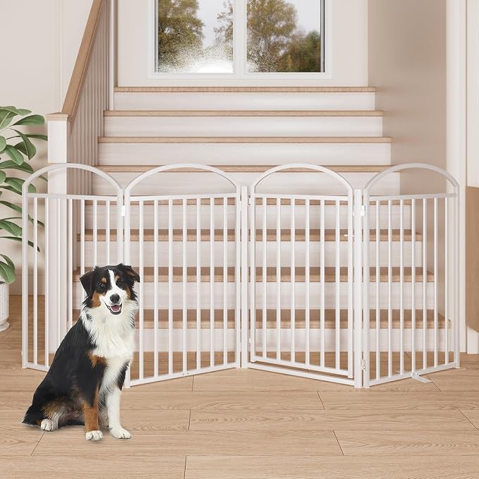 SNUOWU 4 Panels Full Matel Freestanding Dog Gates with Door, 96"Extra Wide 36"Tall Free Standing Dog Pet Gate for Indoor & Outdoor. Foldable Pet Fences for Doorways, House, Stairs, Porch, Deck, Yard