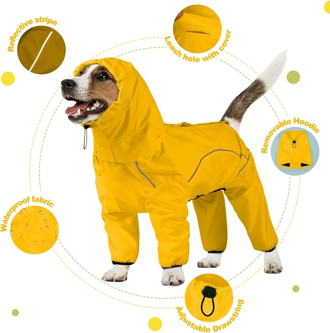 ADINIKIA Dog Raincoat,Waterproof Rain Jacket with Removable Hood,Yellow 2XL | Leash Hole/ Reflective Stripe/Adjustable 4 Legs Rainsuit/Full Coverage/ Snowproof Windproof/ For Small to 3X-Large Dogs