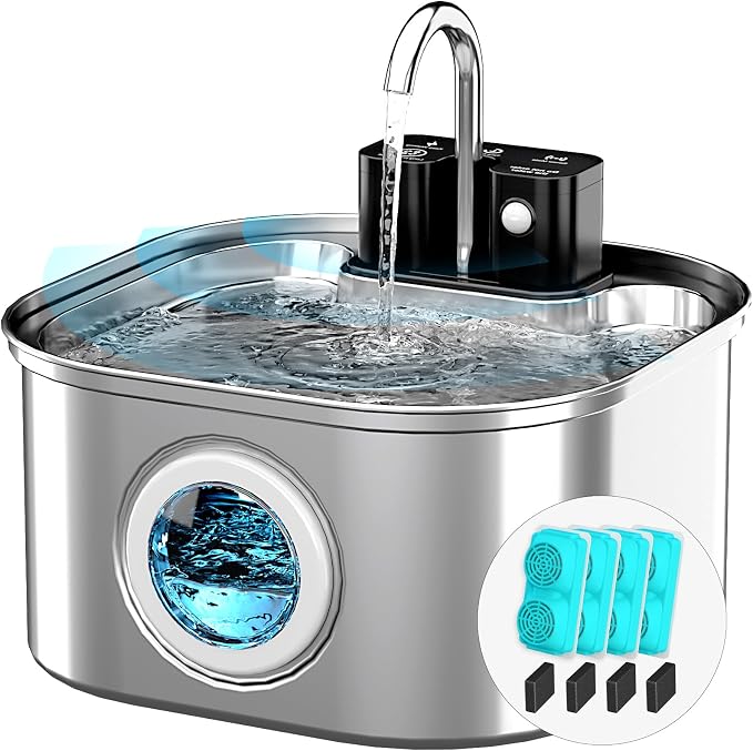 Lawfery 3.2L/108oz Wireless Stainless Steel Cat Water Fountain | Battery Operated Cordless Design with 3 Modes, Pet Drinking Fountain for Cats and Small Dogs, 4 Filters & 4 Sponges
