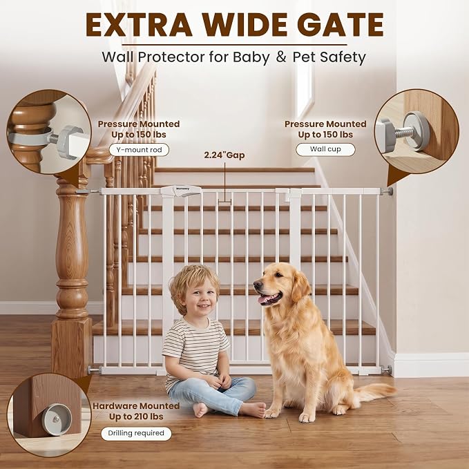 Mumeasy 36" Extra Tall Baby Gate for Doorways, 29.7"-57" Extra Wide Dog Gate for Stairs, Pressure Mounted Auto Close Pet Safety Gate with Easy Walk Thru Door, Large Indoor Child Gate for House, White