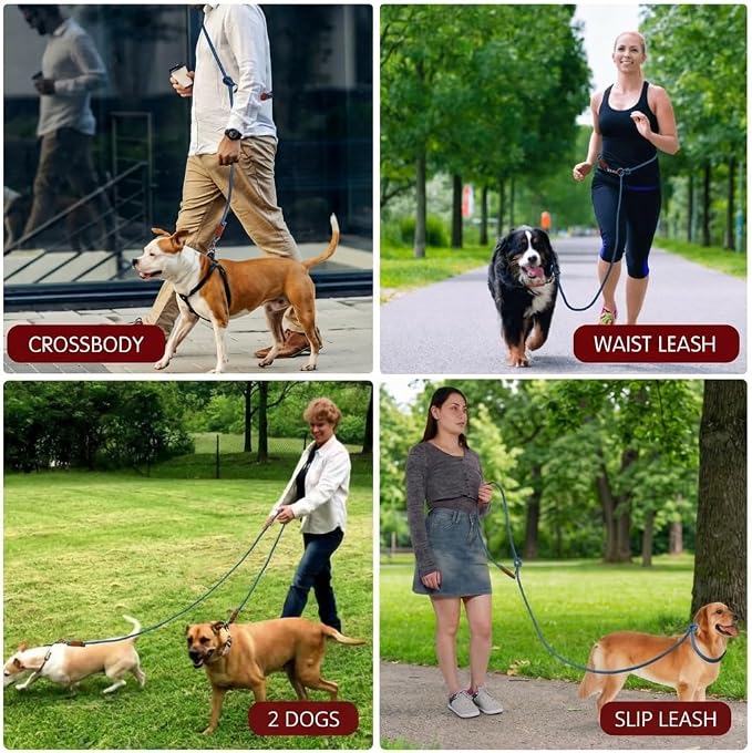 Hands Free Multifunctional Dog Leash for 1 or 2 Dogs, 9.8 ft, Opera Mauve | Waist, crossbody, or handheld lead with leather handle to walk run hike train. Double attachments for 2 dogs up to 125lbs.
