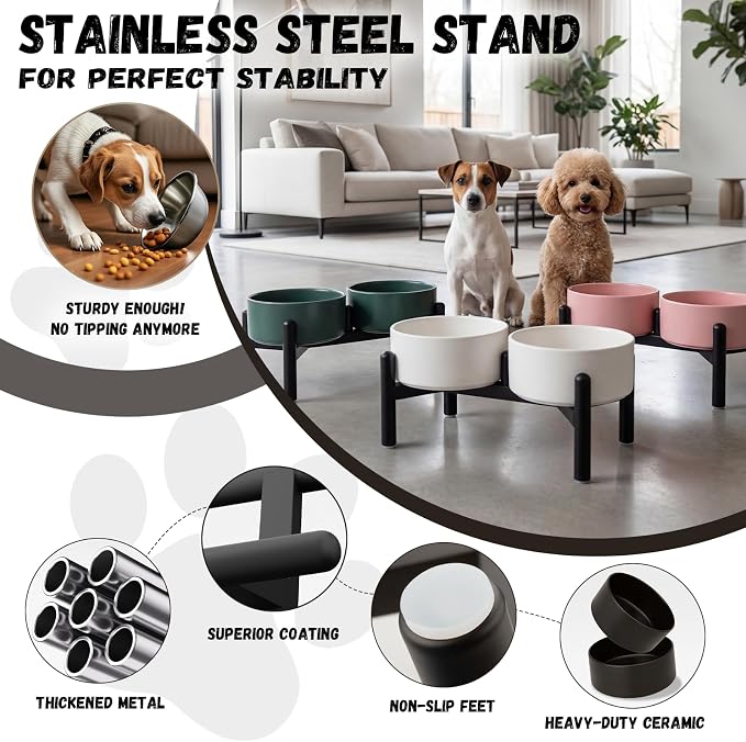 Raised Ceramic Dog Bowl Set with Stand, 3.5 Cups Elevated Dog Food Stand | 6.1'' Double Dog Food and Water Bowl Set, Non-Slip Dog Feeding Dishes for Small to Medium Breeds, 29.57 OZ, White