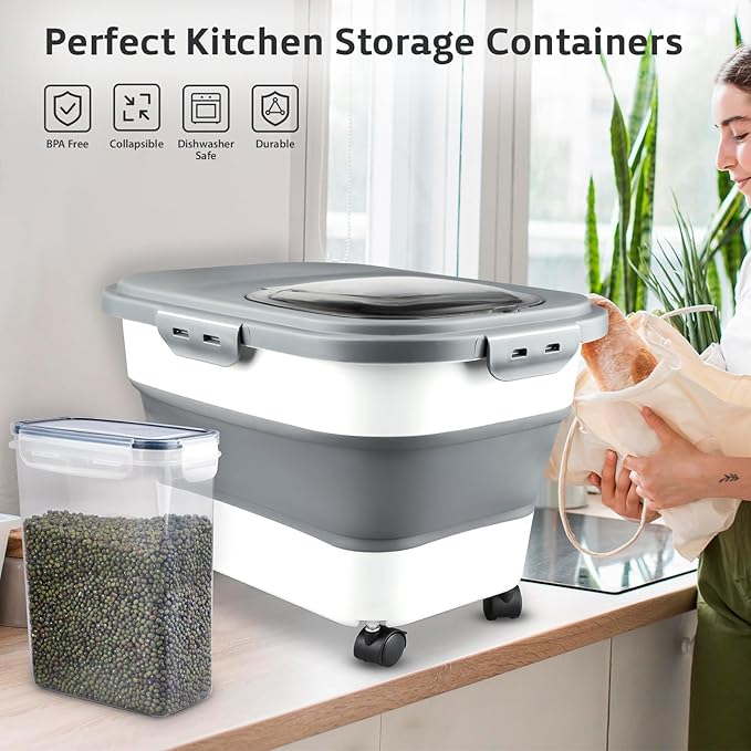 Rice Storage Containers, Collapsible 20 to 30Lbs Food Storage Bin Dispenser with Rolling Wheel and Clear Airtight Lid, BPA Free Flour, Sugar, Cereal and Dog Cat Pet food Containers