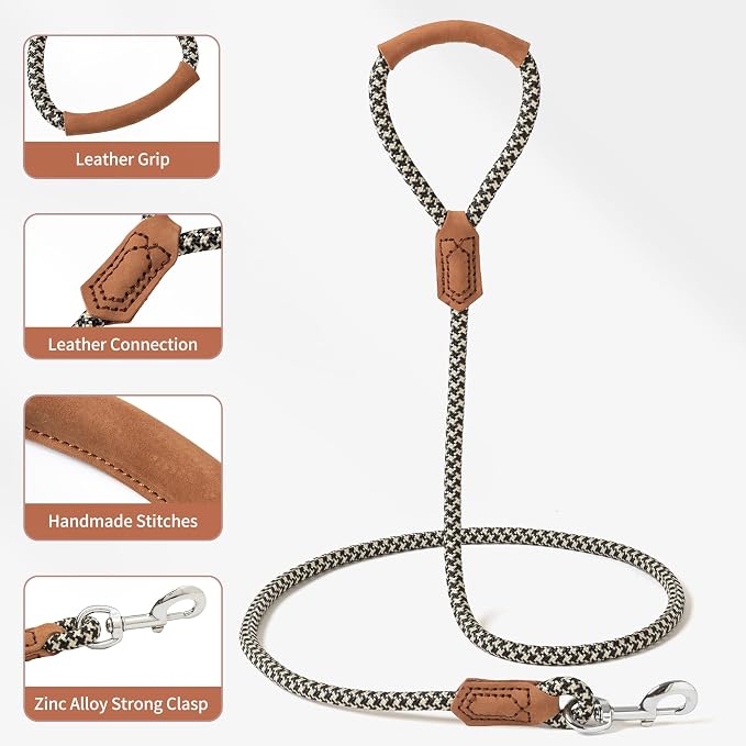 Mile High Life Dog Leash with Genuine Leather Handle, 6 FT/5 FT/4 FT | Leather Grip Rope Leash, Heavy Duty 360° Swivel Metal Clasp, for Small Medium & Large Dogs