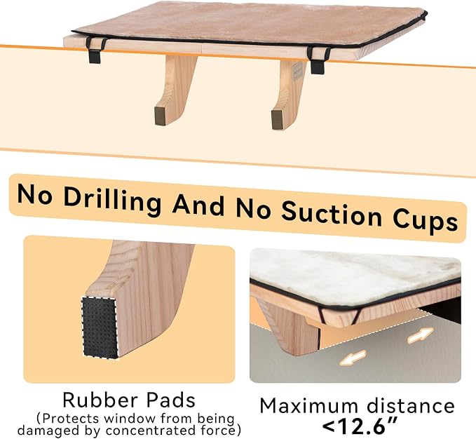 PETSFIT Cat Window Perch for 2 Cats, Adjustable, Solid Wood, Removable Mat | Natural Wood Cat Hammock, Tool-Free Assembly, Fits Large Cats, Windowsill Bedside Drawer Use, Washable Cushion Included