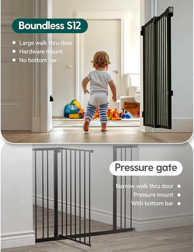 Babelio Extra Wide No Bottom Bar Baby/Dog Gate, 28" H, 29.7-46.5" W, Black | Hardware Mount Pet Gate for Indoor Doorways and Hallways with Auto Close, Stay-Open, Wide Walk-through Door, Easy Install