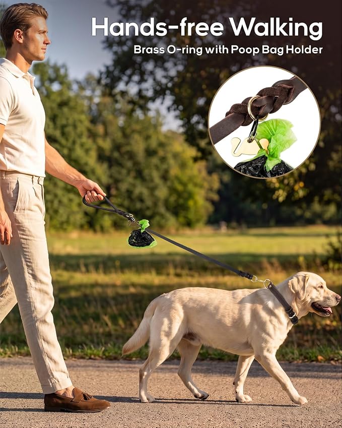 Taglory Leather Dog Leash for Large Medium Dogs, Hand-Braided, 5FT Brown | Strong for Training & Everyday Walks, Soft Grip Full Control, Hands-Free Poop Bag Holder, Rotating Brass Clasp, 3/4 INCH