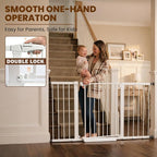 Mumeasy 29.7-57" Extra Wide Baby Gate, Auto Close Large Dog Gate for Doorways, No Drilling Pressure Mounted Pet Safety Gate for Stairs, Easy Walk Through Child Gate for Hallways, House, Indoor, White