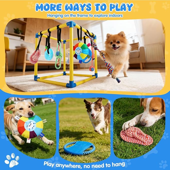 Puppy-Play-Gym for Small Dogs with 10 Dog Toys,19.5" Indoor-Jungle-Play-Gym | Removable Dog Enrichment Playground Interactive Dog Squeaky Toys Puppy Training Center, Adjustable PVC Frame for Puppies Cat