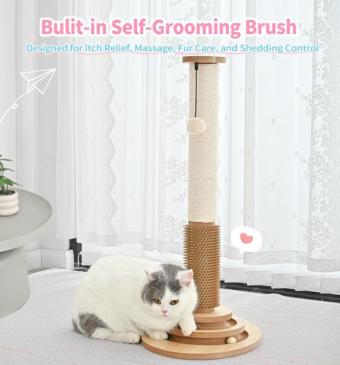 Made4Pets Cat Scratching Post for Indoor Cats with Self Groomer, 28.3" | Cat Scratcher with Natural Sisal Rope, Stable Base and Interactive Ball Track, Cat Toys for Medium and Large Indoor Cats