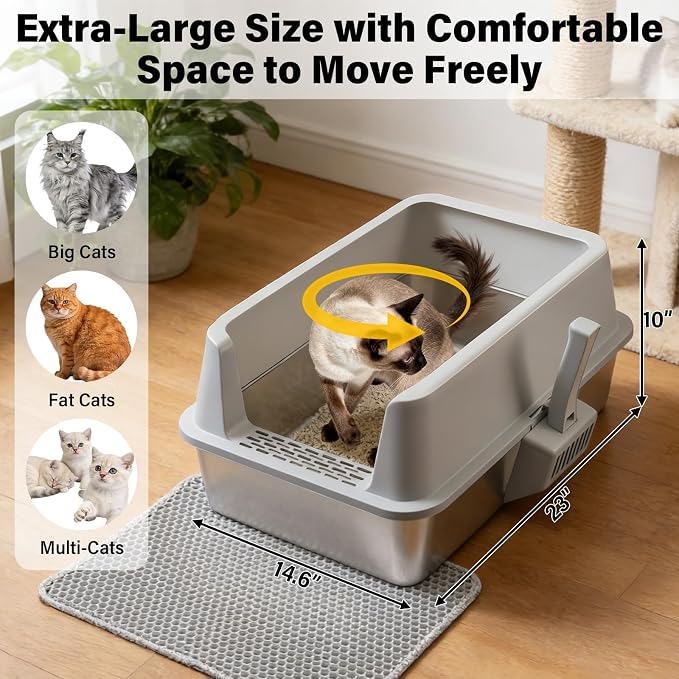 Stainless Steel Litter Box for Big Cats, Large Metal Litter Box | Easy to Clean, Includes Scoop and Mat,High-Sided，L to XL Cat Litter Boxes for Anti Urine Splash, Odor Control