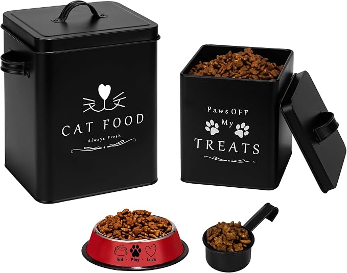 Meraki Home Farmhouse Cat Food and Treats Containers + Feed Scoop + Pet Food Bowl - Tight Lids - Large Metal Storage Bin - Great Gift for Cute Pets (Matte Black)