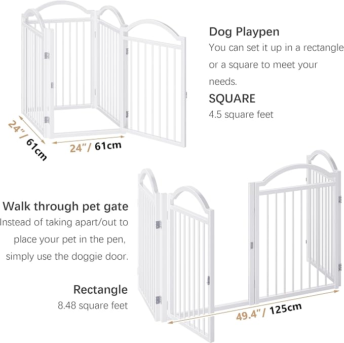 BHG Metal No-Assembly Freestanding Dog Gate with Door Walk Through, Extra Wide 96", Extra Tall 32" Pet Gate, Accordion Puppy Folding Playpen Dog Fence for Indoor & Outdoor, with 2PCS Support