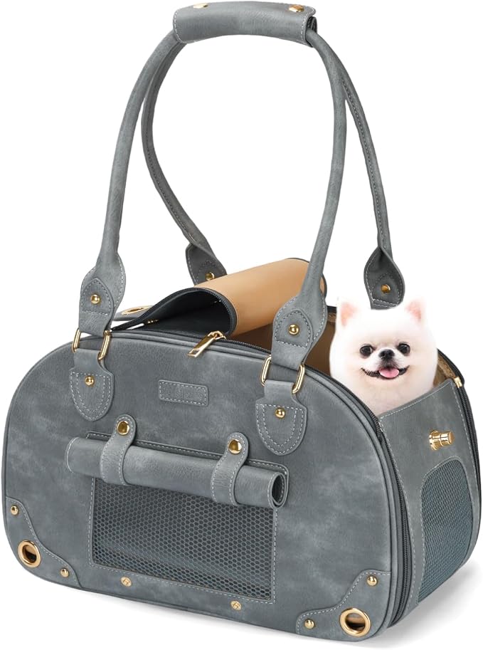 Dog Carrier Purse, Pet Bag Bling Waterproof Premium Leather Pet Travel Portable Bag for Cat and Small Dog Home & Outdoor Small Grey