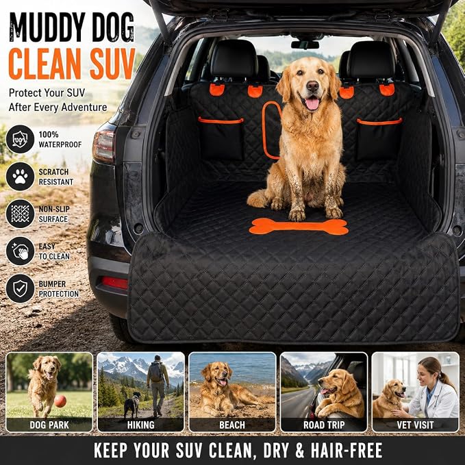 SUV Cargo Liner for Dogs,Waterproof Dog Trunk Cover with Bumper Flap | Material: Waterproof PU Leather | Protection: 12.60" Side Flaps & 17.72" Bumper Flap | Fit: Most SUVs | Non-Slip Design