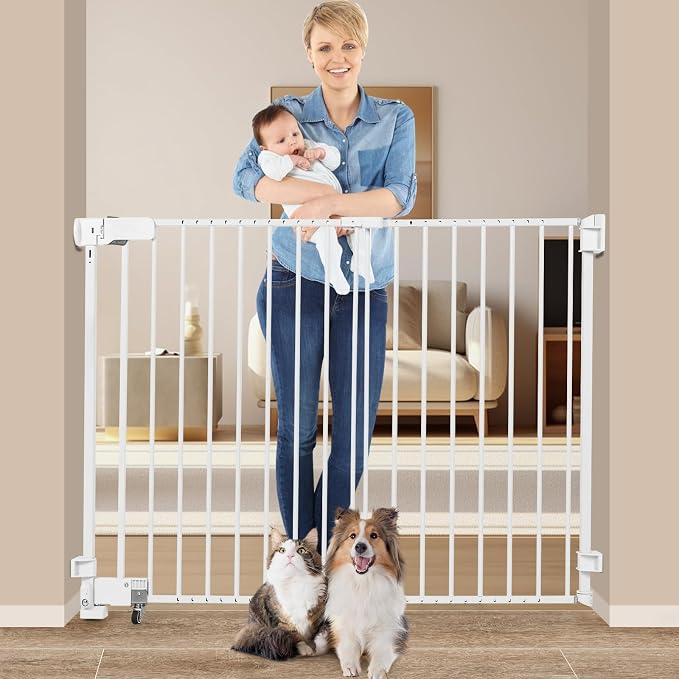 SHYUJAJIE No Bottom Bar Baby Gate,37 inch Tall Cat Pet Gate | for Doorway, Adjustable 27.5in- 43 in Dog Gate with Large Walk Thru Door ,White