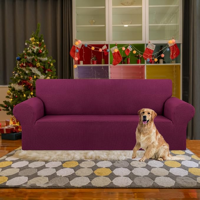 Stretch Couch Covers for Sofa, 3 Cushion Couch Slipcover,Wine | 1-Piece Washable Sofa Cover Pet Friendly(78"-94") Furniture Protector Soft Jacquard, Elastic Bottom for Dogs & Kids