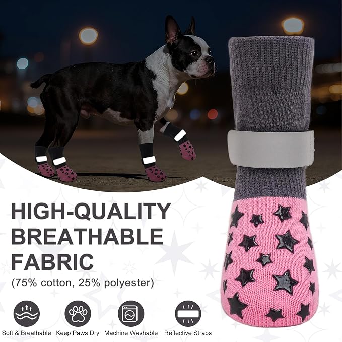 BEAUTYZOO Anti Slip Dog Socks to Prevent Licking Paws, Dog Shoes for Hot Pavement, Grip Socks for Dogs on Hardwood Floors, Dog Booties Alternative, Reflective&Washable Paw Protection for Senior Dogs