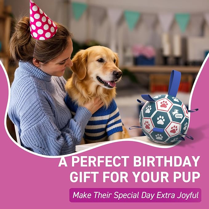 QDAN Large Dog Toys, 8 Inch Durable Balls for Dogs, Soccer Ball with Straps | Outdoor Herding Balls for 30-90 lbs Aggressive Chewers, Interactive Soccer Toy for Tug of War, Dog Ball to Keep Them Busy