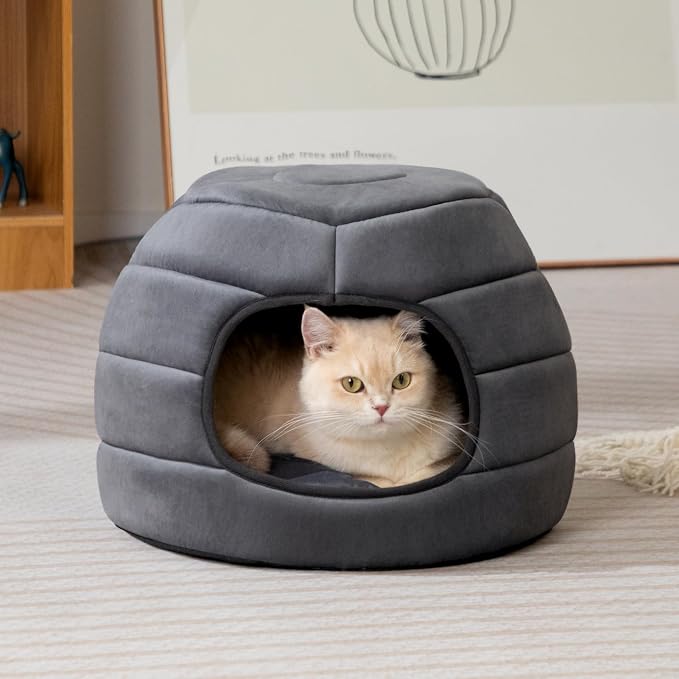 Hollypet Cat Bed Cave for Indoor Cats for Pets up to 15 lbs, Dark Gray | Warm Cat Bed Cats Igloo Cave Condo, Covered Kitty House with Removable Washable Cushion, Cozy Enclosed Pet Bed for Small Dogs