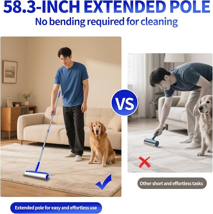 9.84" Large Extra Sticky Lint Roller, 58.3" Long Handle Lint Remover with 7 Rollers for Clothes, Cat Dog Pet Hair, Furniture, Couch, Carpet, Floor，Painted Wall Cleaner Mop Dust Cleaning