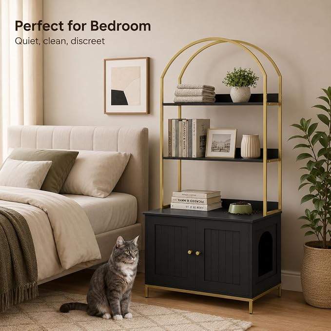 Homhedy Cat Litter Box Enclosure with 2-Tier Shelves, Black and Gold | Litter Box Furniture Hidden, Indoor Cat House, Wooden Cat Washroom Furniture with Metal Frame, Modern Style
